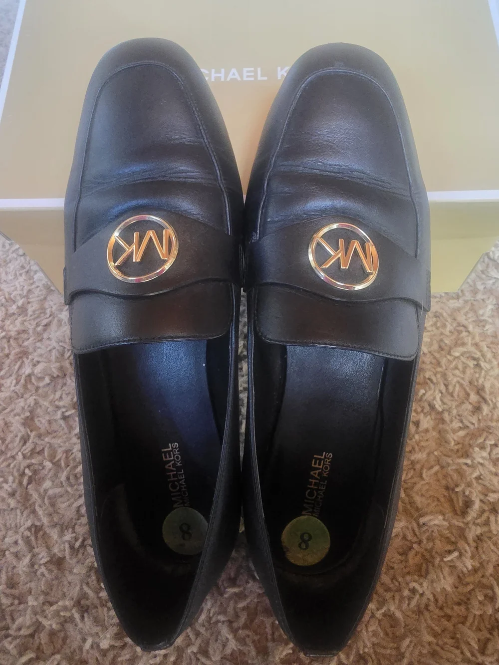Michael Kors Black Leather Loafers with Gold MK Emblem
